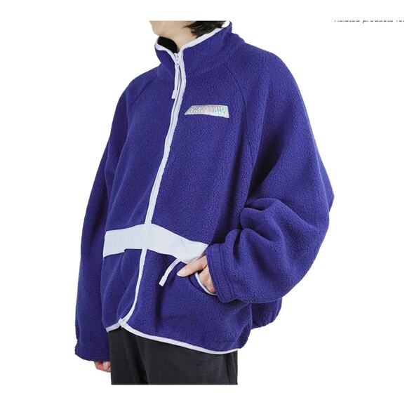 (M) $140 Nike NSW Swoosh Sherpa Oversized Fleece Zip-Up Jacket Navy Blue Sherpa - Picture 3 of 9